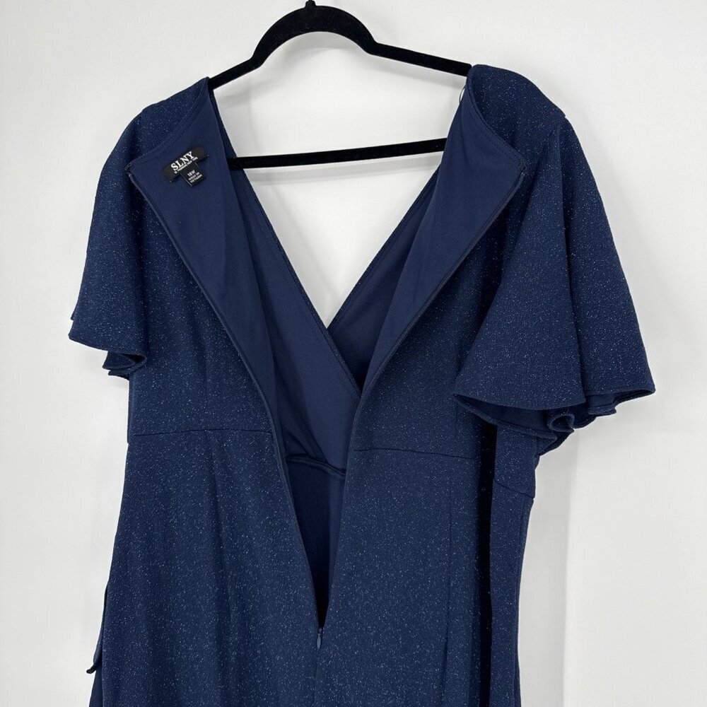 SLNY Womens Plus Size 18W Navy Blue Glitter Beaded Flutter Sleeve Cocktail Dress - Picture 8 of 11